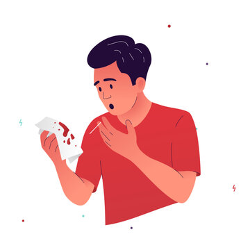 Vector illustration of a character who coughs up blood. A man holds a handkerchief with blood stains after coughing. Symptoms of tuberculosis, bronchitis, pneumonia, chest trauma, lung cancer.