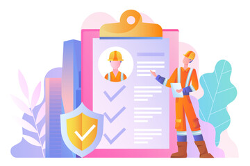 Medical examination concept. Man in uniform and construction helmet near document. Occupational insurance coverage, industrial accident, worker with injury. Cartoon flat vector illustration