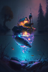 Fototapeta na wymiar Credible_fishing_full_artistic_colorful_cinematic_lighting