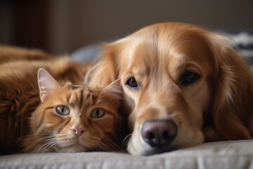 Close up shot of adorable cat and dog resting together. Generative AI