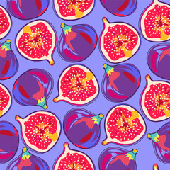 Seamless pattern with fig fruits. Bright colorful fruits on a blue background. A whole fig and half a fruit. Hand drawn in outline sketch style. Cartoon design. Vector illustration.