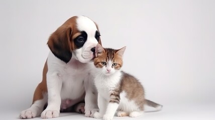 Cute little puppy and kitten posing over white background studio shot. Generative AI