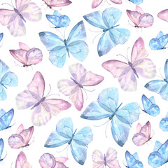 Cute butterflies hand drawn watercolor seamless pattern. Delicate blue and purple color butterflies, watercolor illustration on white background. Beautiful pastel creatures wallpaper design.