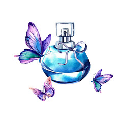 The eau de toilette is blue with Morpho butterflies. Women's perfume. Watercolor illustration on an isolated background. Beauty and fashion. The fragrant smell of flowers. Stylish incense.