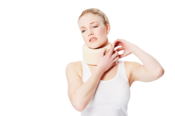 Woman with neck injury, brace and whiplash with accident or medical emergency isolated on transparent or png background. Health, female in pain with insurance, anatomy and injured spine with collar
