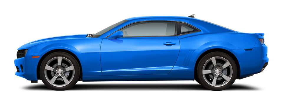 Modern powerful american muscle car in light blue color. Side view on a transparent background, in PNG format.