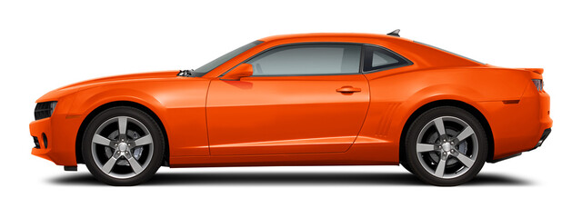 Modern powerful american muscle car in orange color. Side view on a transparent background, in PNG format.
