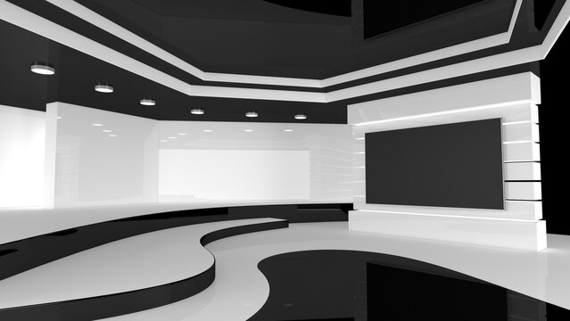 Tv Studio. News studio.3D rendering. Backdrop for any green screen or chroma key video or photo production.
