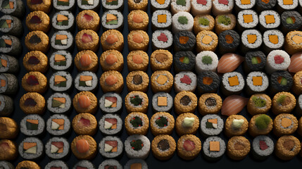 Seamless pattern with sushi. Food abstract background. Sushi on the black background. Al generated
