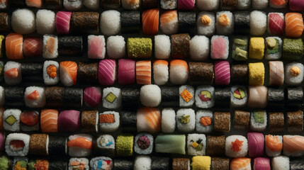 Seamless pattern with sushi. Food abstract background. Sushi on the black background. Al generated