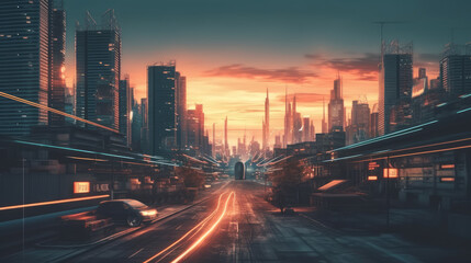 Fototapeta na wymiar Bright futuristic towers on a dark background. Al generated