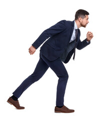 Handsome bearded businessman in suit running on white background