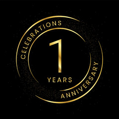 1st anniversary, golden anniversary with a circle, line, and glitter on a black background.