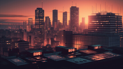 Bright futuristic towers on a dark background. Al generated