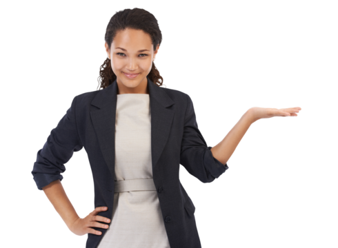 Corporate, worker and portrait of woman with product placement for marketing with a smile. Happiness, confidence and an African employee for advertising promo isolated on a transparent png background