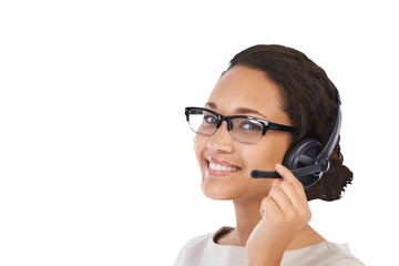 Customer support, happy and portrait of woman with mic on isolated, png and transparent background....