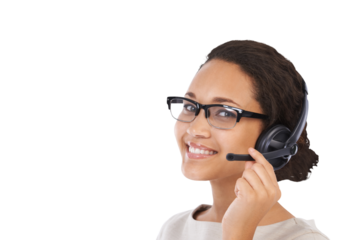 Customer support, happy and portrait of woman with mic on isolated, png and transparent background. Call center, communication and face of female worker smile for consulting, service and crm business
