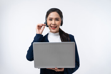 Happy young Asian operator woman agent with headsets working in a call center using laptop computer isolated on white background.