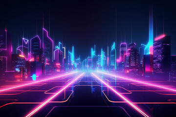 Abstract futuristic city in neon pink and blue colors. Generative AI
