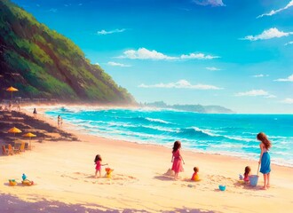 Kinder spielen im Sand an einem paradiesischen Strand. Illustration, mit AI-Assistenz