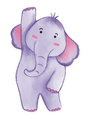 Elephant . Watercolor paint design . Cute animal cartoon character . Raise hand position . Vector .