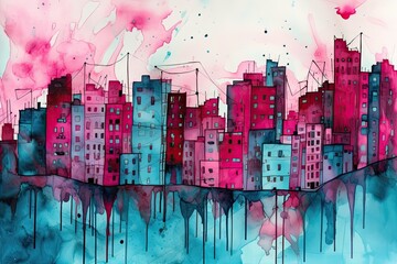 Silhouette of the city, houses in a row with splashes of watercolor drops in pink and blue colors. Generative AI