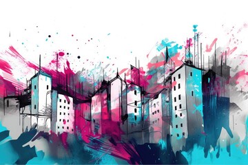 Illustration with beautiful buildings in the city, done in the style of modern ink painting, ink blots. Generative AI