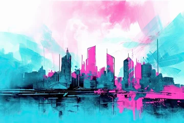 Keuken foto achterwand Aquarelschilderij wolkenkrabber  Illustration of urban architecture, urban landscape in blue-pink colors. Generative AI