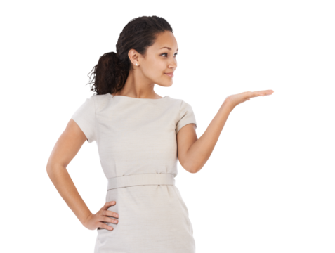 Woman, hand and space for choice or option with product placement for marketing promo with smile. Happy, confident or elegant female on mockup for advertising isolated on a transparent png background