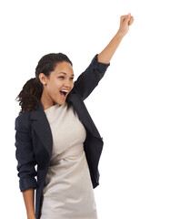 Success, celebration and excited business woman on isolated, png and transparent background....