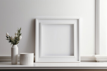 White frame mockup in interior on white wall background. Generative AI