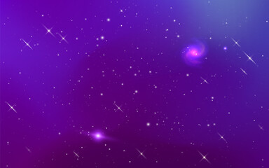 Purple galaxy. Bright color space. Magic nebula with shining stars. Universe with glitter effect. Futuristic cosmic background. Colorful night sky. Vector illustration