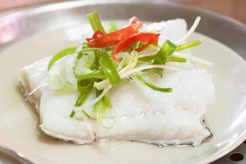 Steamed snow fish with soy sauce. Snow fish, soy sauce, ginger, scallion and chili delicious...