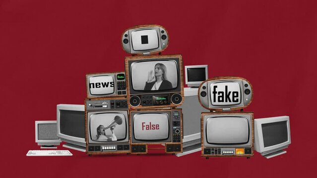 Stop motion, animation. Conceptual art. Set of retro TV and computer screens showing fake news, disinformation. Concept of creativity, mass media influence, information, propaganda. Retro design