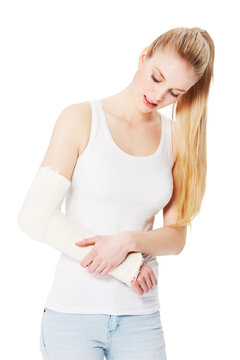 Woman with arm injury, cast and broken with accident or medical emergency isolated on transparent or png background. Health, young female in pain with insurance, anatomy and injured elbow or wrist