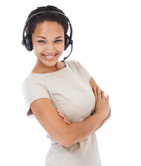Call center, headset and portrait of black woman in studio on isolated, png and transparent...