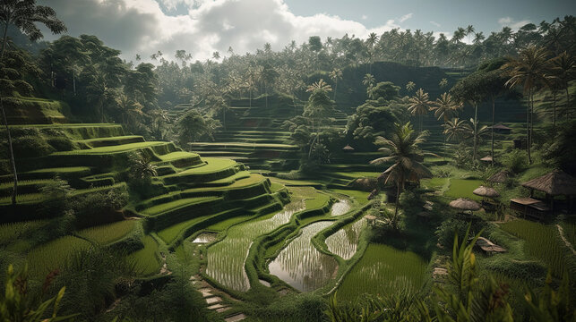 Beautiful view with atmosphere in the rice fields. Generative AI.