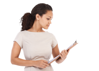 Clipboard, reading documents and woman isolated on transparent, png background survey, checklist and report. Planning, schedule or professional inspection of business biracial person and policy paper