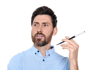 Man using long cigarette holder for smoking isolated on white