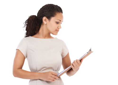 Clipboard, reading documents and woman isolated on transparent, png background survey, checklist and report. Planning, schedule or professional inspection of business biracial person and policy paper - Powered by Adobe