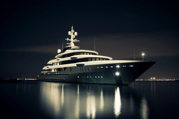 Fototapeta na wymiar Large private yacht at night docked illuminated LED