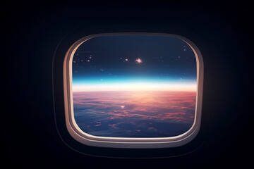 view from airplane window with starry night sky and sunrise