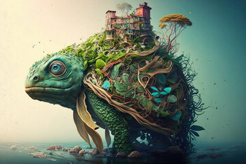 Earth day. Green planet as turtle on nature background. Ecology and environmental protection concept. Generative AI