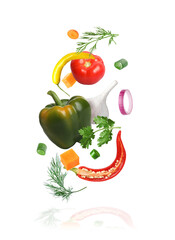 Spice mix for dish. Set of falling fresh vegetables and herbs on white background