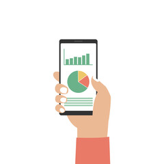 Hand holding smartphone. Diagram and chart pie infographic on phone
