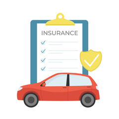 Car insurence. Insurance document, car and shield. Flat cartoon style