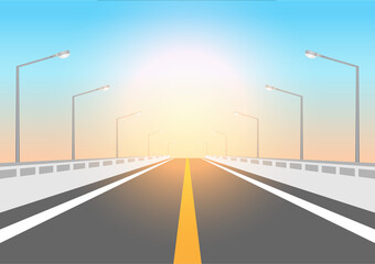 Highway or Motorway during Sunset. Empty Asphalt Road with Street Lamp Post to the City at Night. Vector Illustration. 