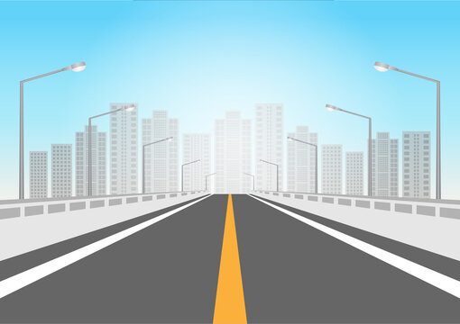 Highway or Motorway. Empty Asphalt Road with Street Lamp Post to the City at Night. Vector Illustration. 