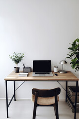 Open shelves with desk chair smartphone and clean space interior. Generative AI