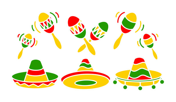 Mexican sombrero and Maracas vector collection. Colorful illustrations of traditional Mexican hat and musical instrument for Cinco de Mayo